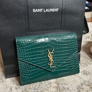 YSL Saint Laurent Green Croc-Embossed Clutch